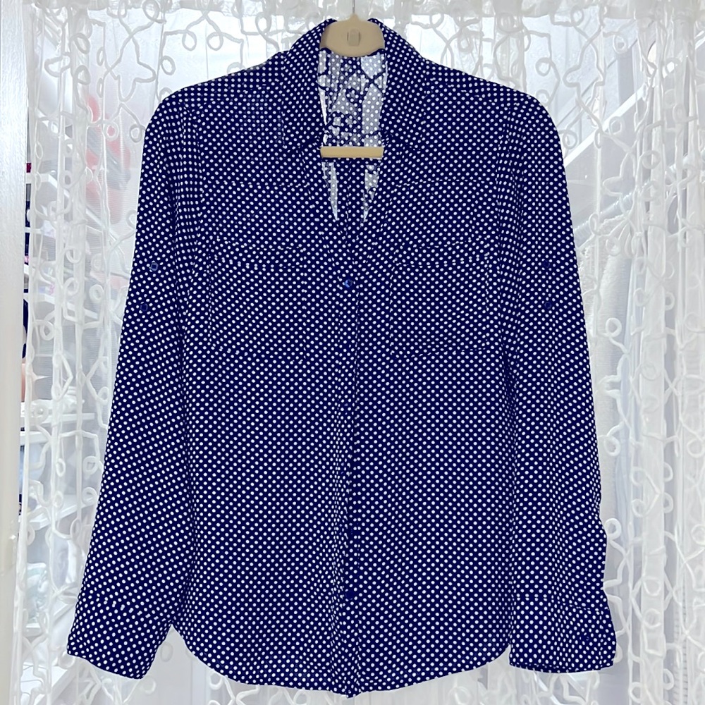 EXPRESS White & Navy Buttoned Blouse